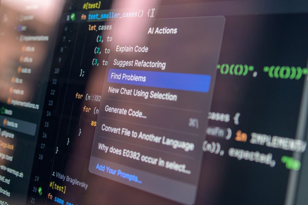 The Art of Drawing Readers In: Your attractive post title goes here Close-up of AI-assisted coding with menu options for debugging and problem-solving.